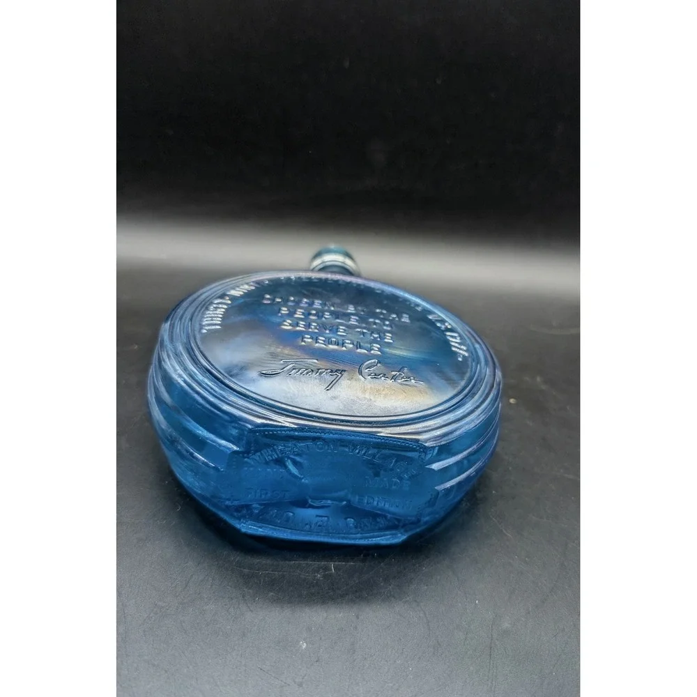 Vintage Wheaton Village Jimmy Carter Iridescent Blue Carnival Glass Flask 1977